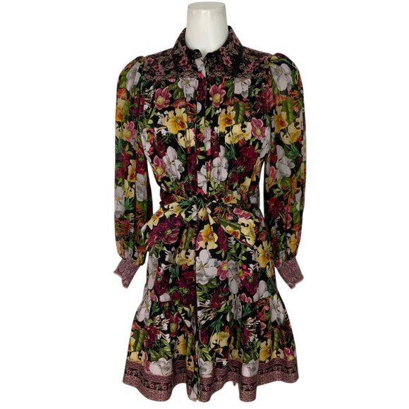 Alice + Olivia Tiffie Belted Mini Dress 6 Juniper Floral Black Puff Long Sleeve - Picture 1 of 12